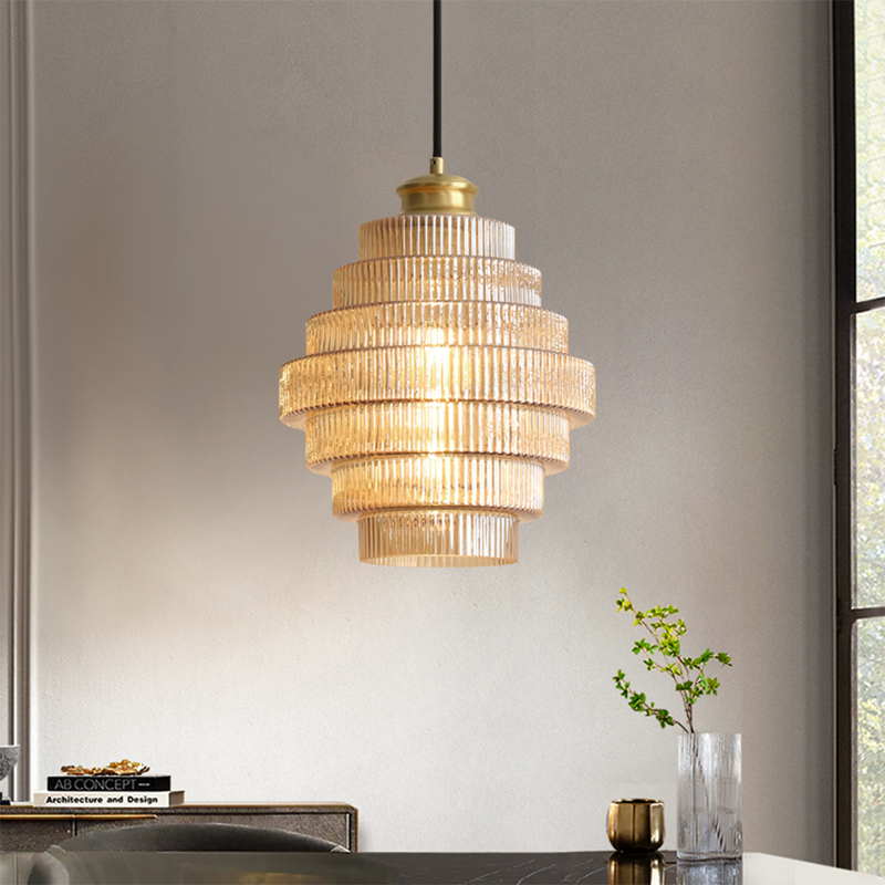 Sleek Hanging Light | Elegant Brass Finish and Textured Glass Shade