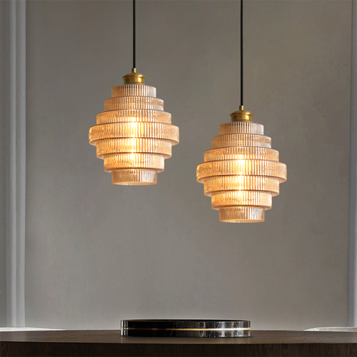 Sleek Hanging Light | Elegant Brass Finish and Textured Glass Shade
